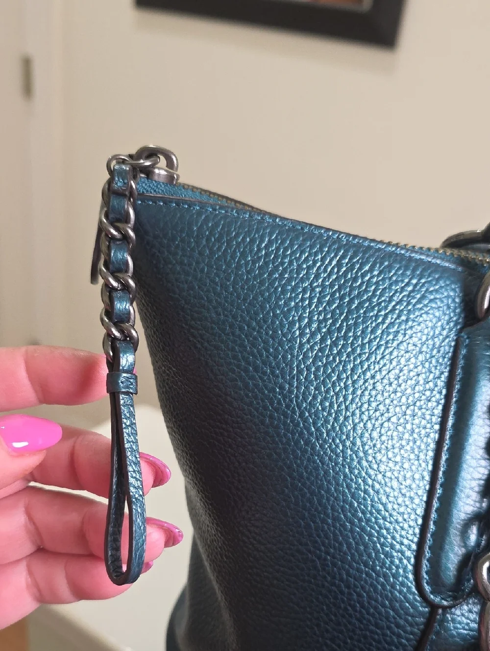 COACH F22208 Ava Chain Tote in Metallic Teal/Gunmetal EUC - Picture 3 of 16